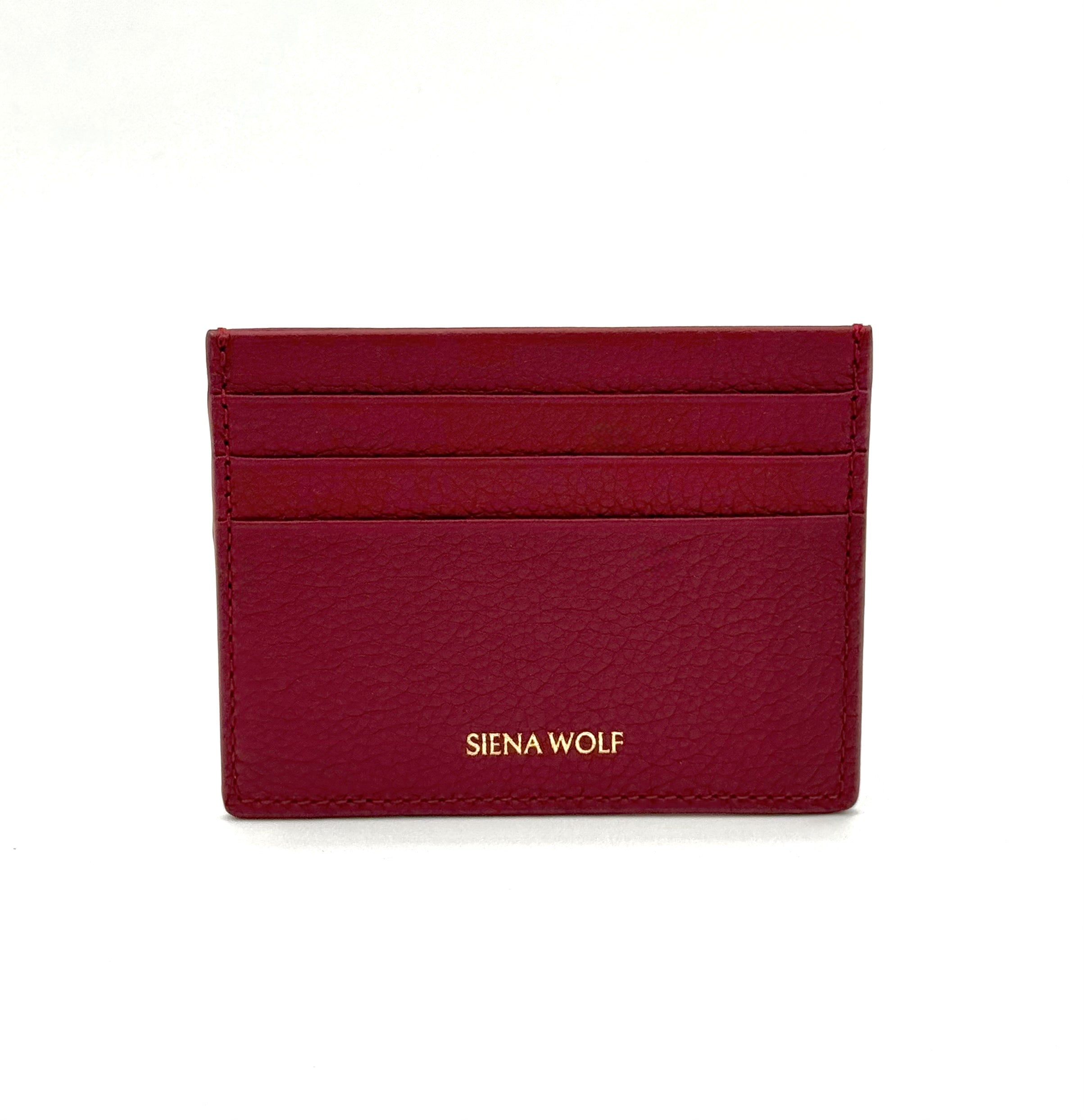Red cardholder with 'Siena Wolf' branding on a white background