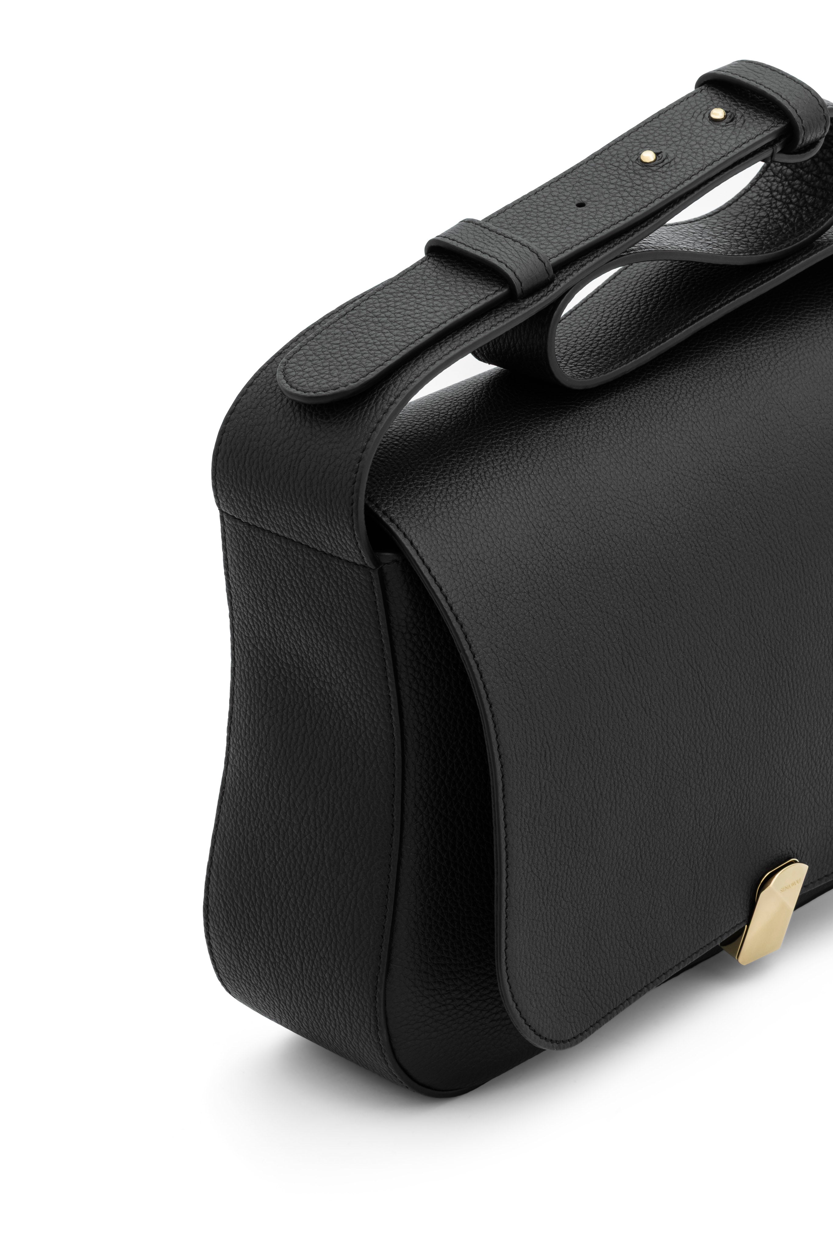 Side view of No. 14 black leather shoulder bag showing artisan stitching

