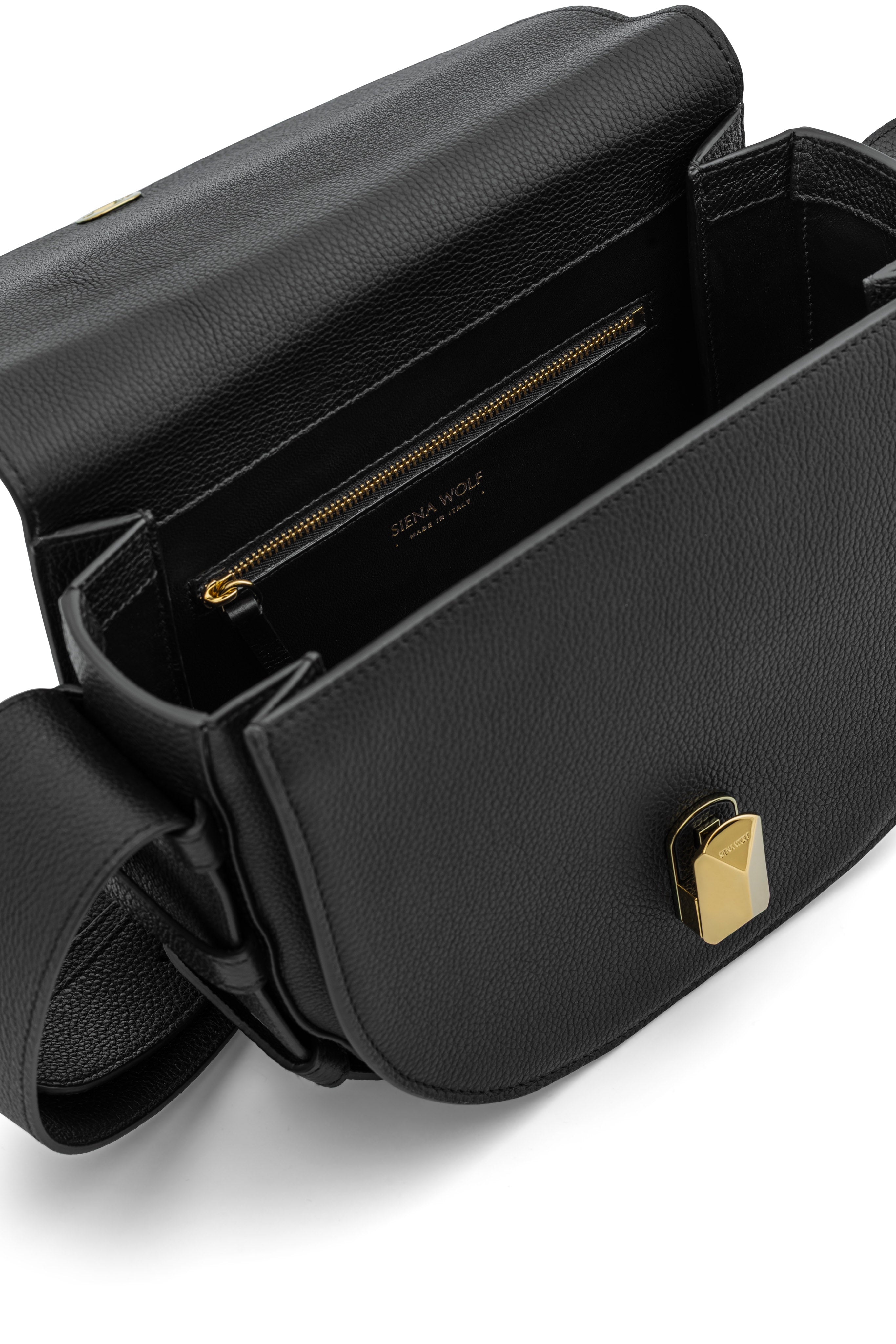 No. 18 black crossbody bag interior with Italian leather lining
