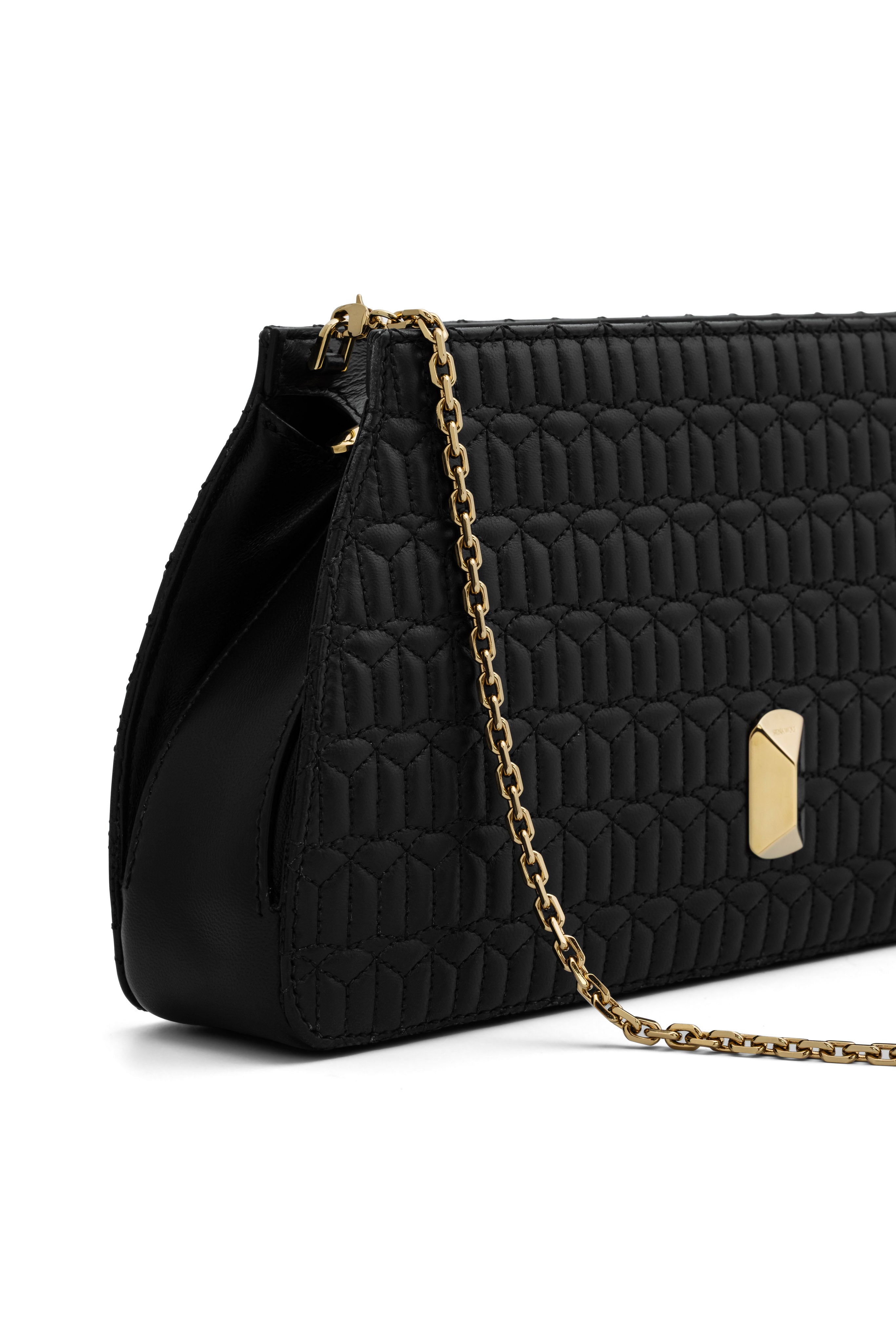 No. 15 quilted nappa clutch side view with chain detail
