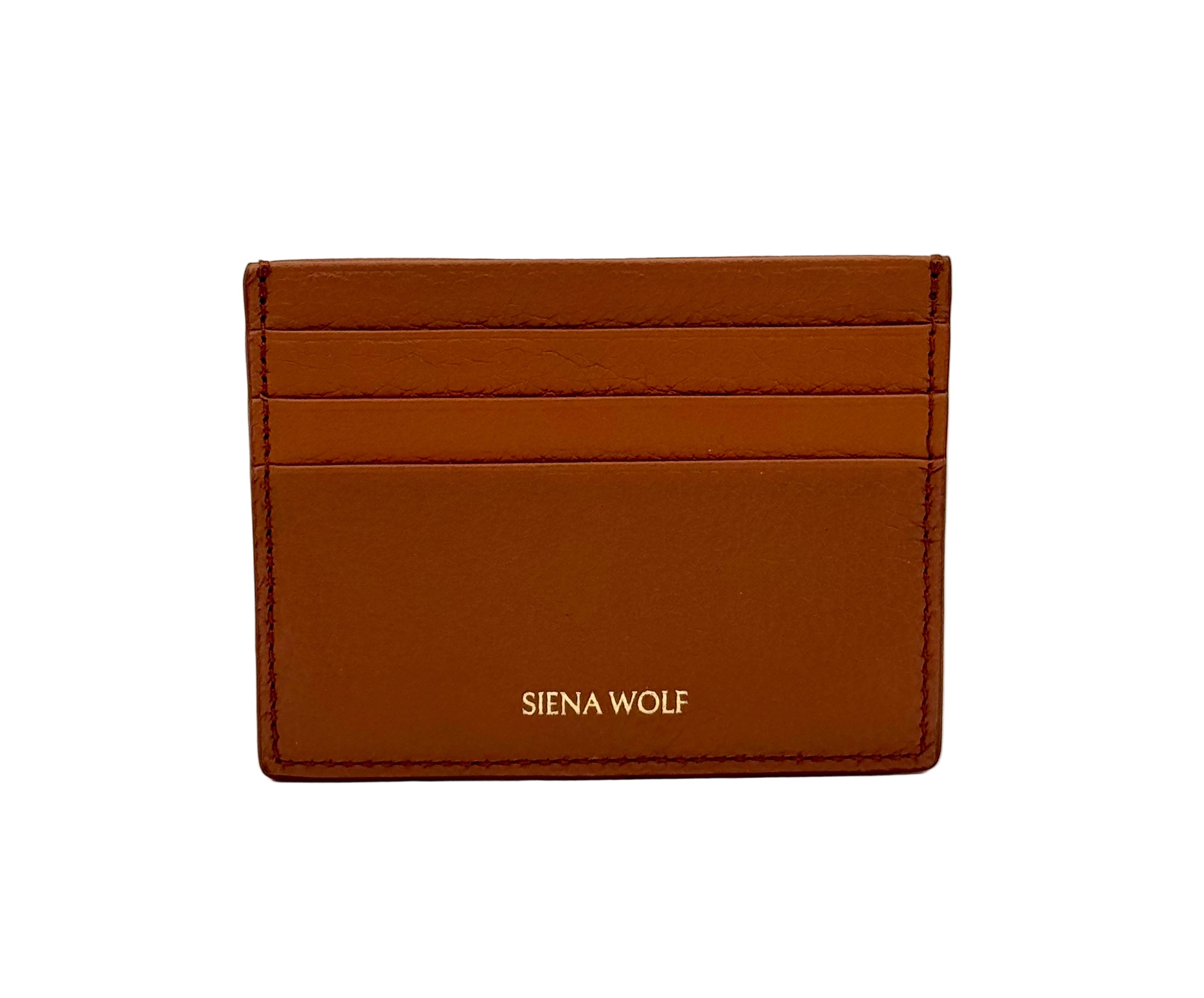 Brown leather cardholder with 'Siena Wolf' branding on a white background